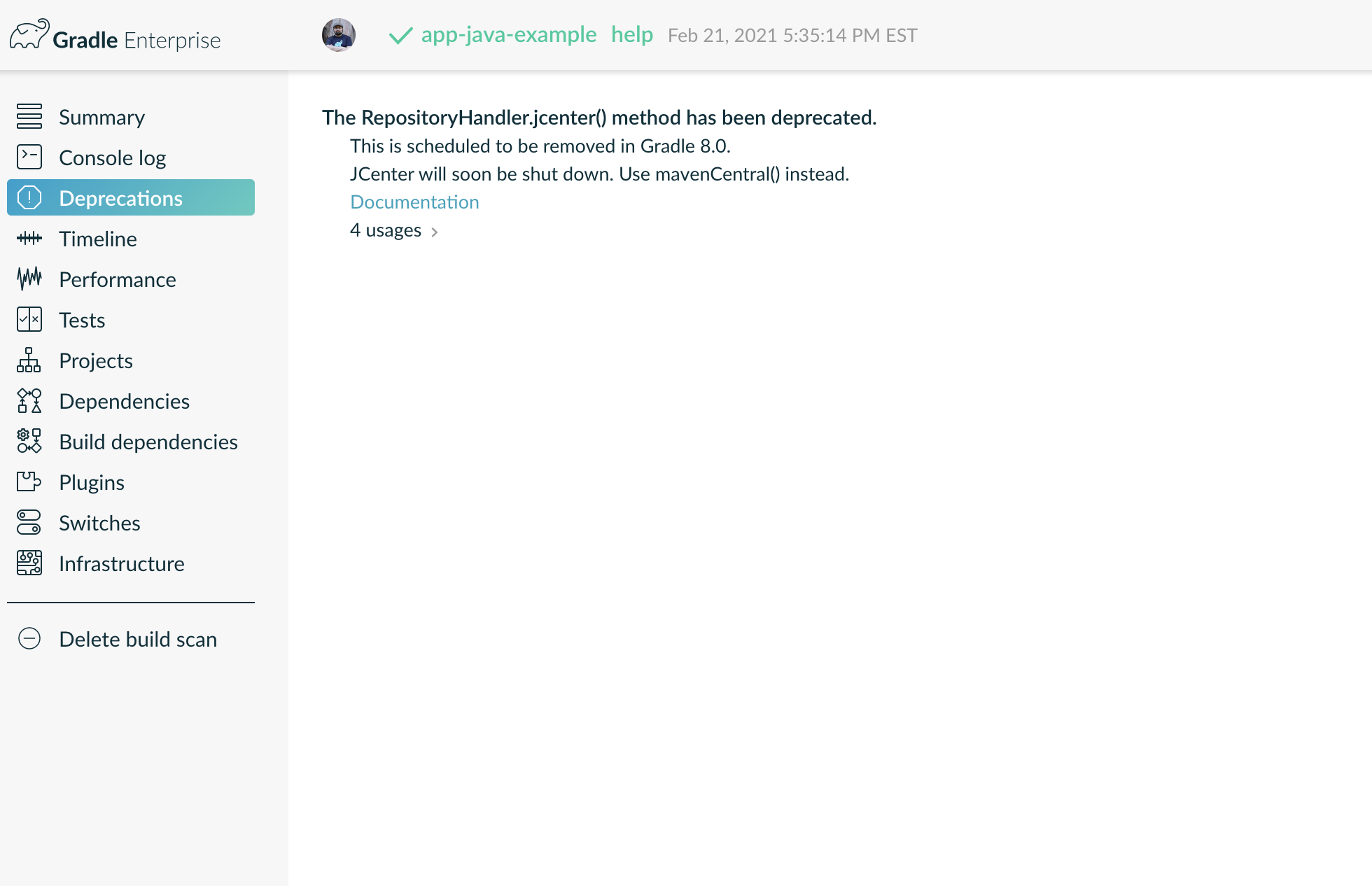 Example of deprecation message in a build scan