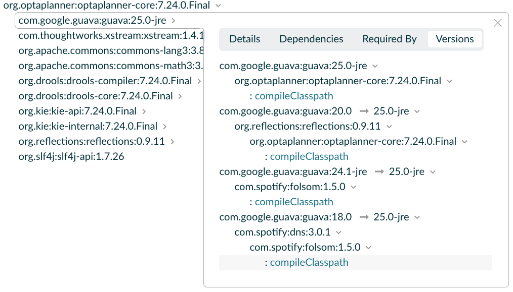 Extract of build scan showing conflicting Guava versions